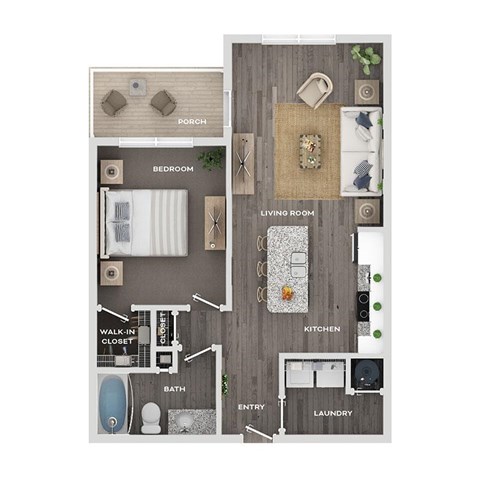 Floor plan for 1 bed, 1 bath, 740 sqft